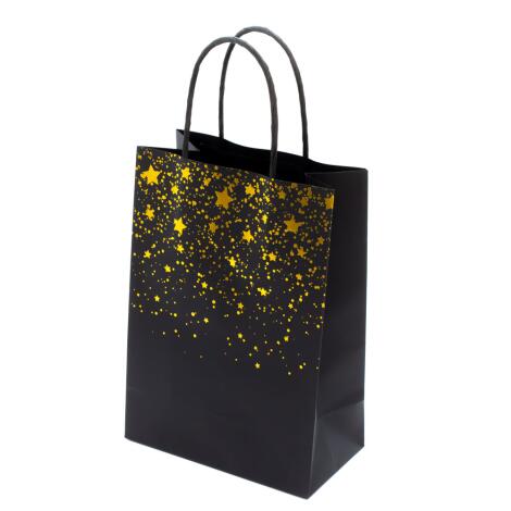 Geschenktasche mit Kordel STERN - Geschenktasche schwarz mit goldenen Sternen
